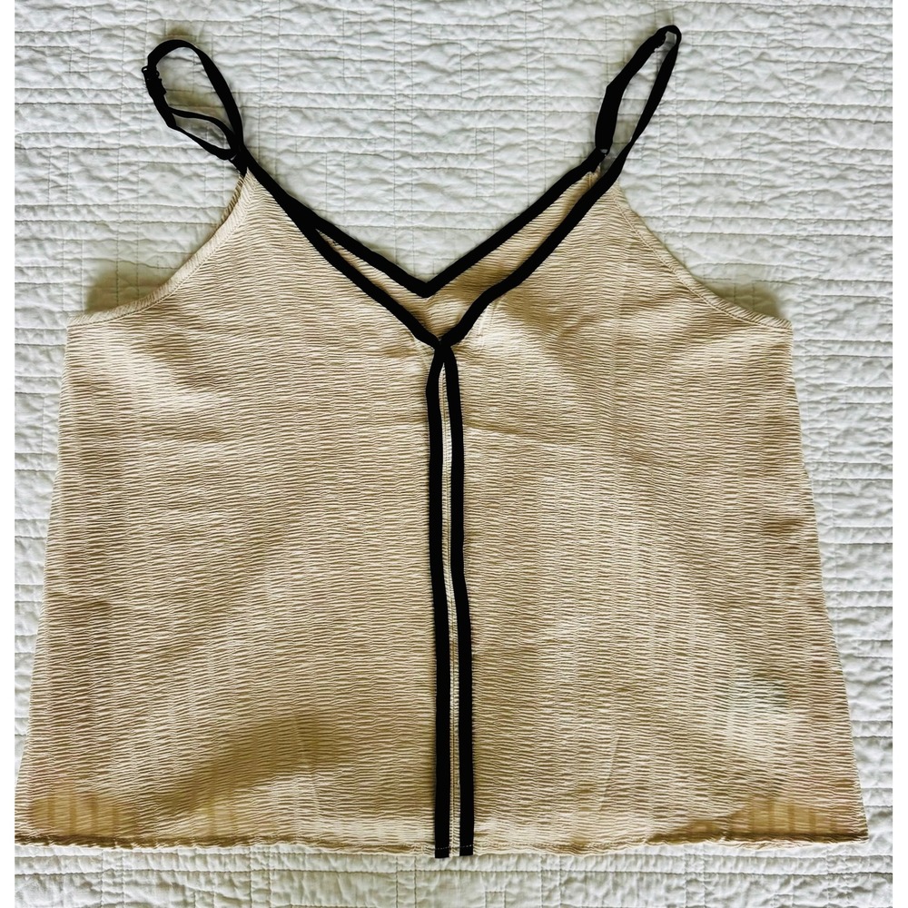 Emery Rose Beige Crinkle Plisse V-Neck Camisole Tank Top Black Trim Womens Large